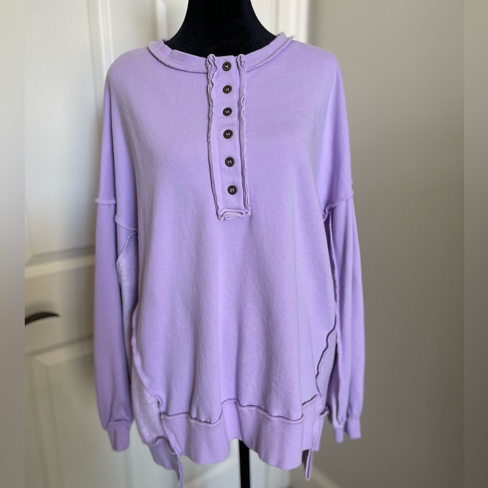 Unbranded Lavender Purple Oversized Henley Pullover Raw Edge Sweatshirt L